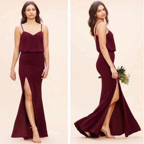 Dress the Population Gracelyn Blouson Jersey Maxi Gown Thigh High Slit Burgundy - Picture 1 of 14